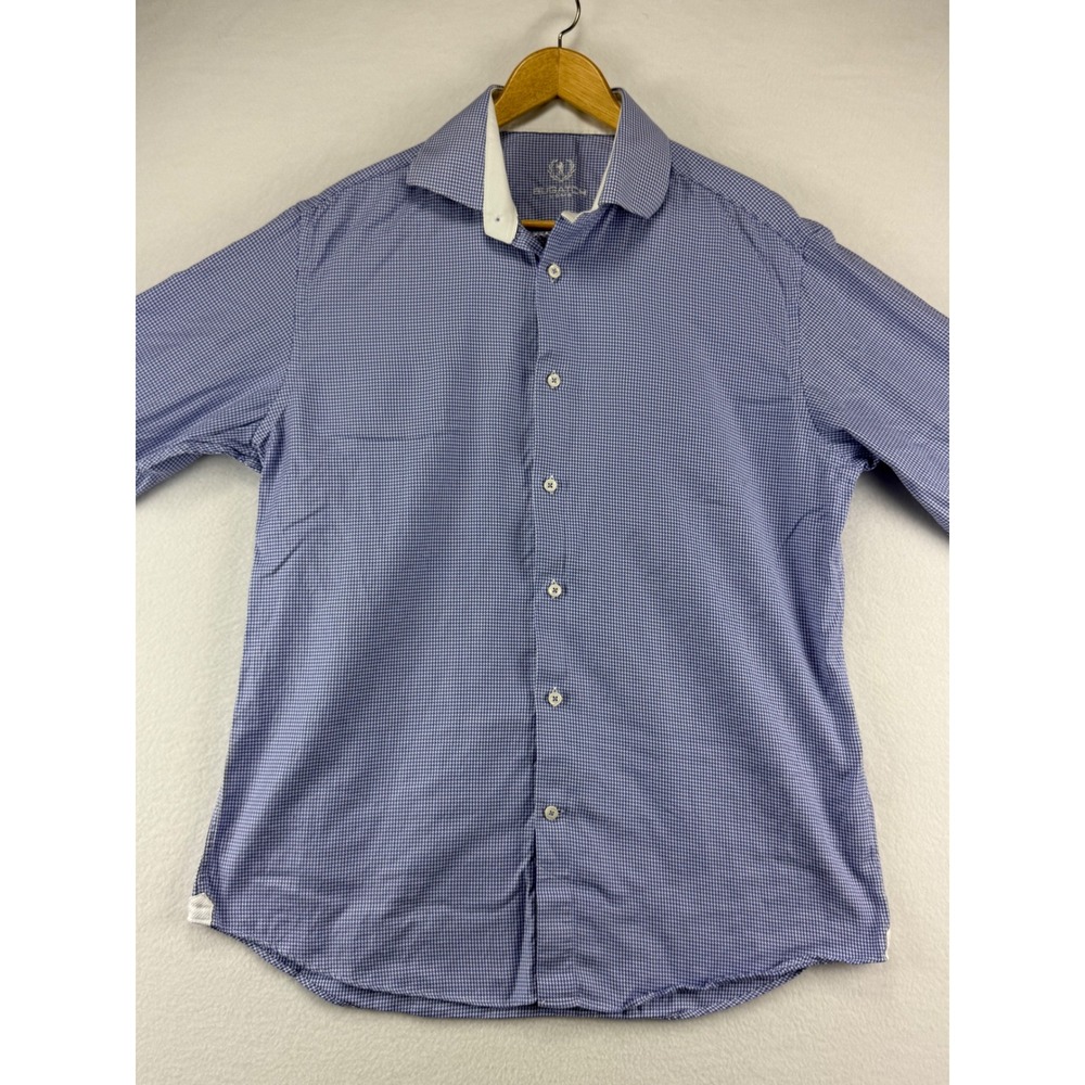Bugatchi Uomo Dress Shirt Mens 17 34/35 Blue Houndstooth French Cuff Long Sleeve